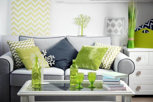 A green and gray living room.