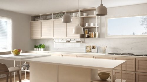 A kitchen with an island.