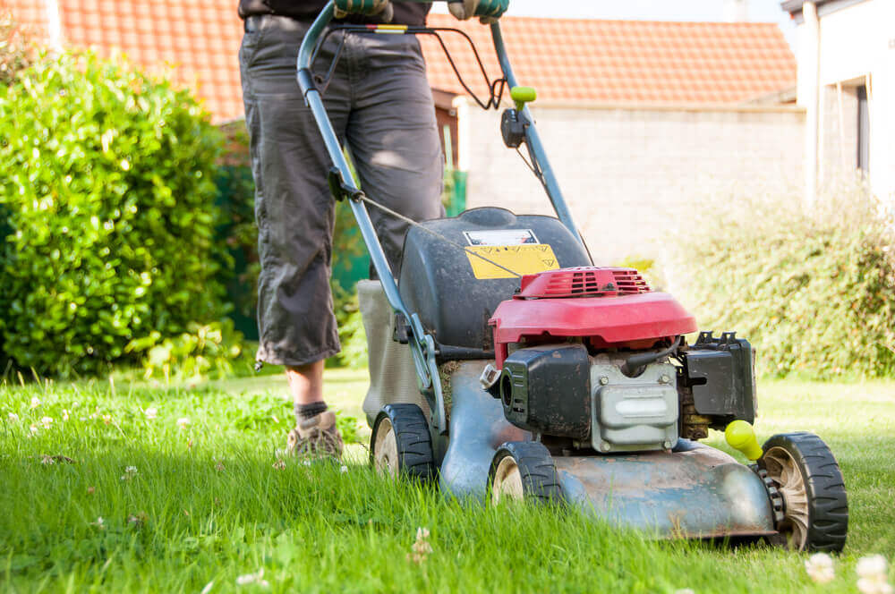 A man with a lawnmower.