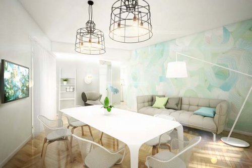 An apartment painted in pastel colors.