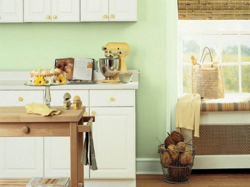 A pastel-colored kitchen.