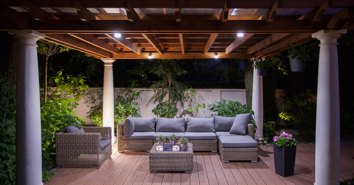 A pergola at night.