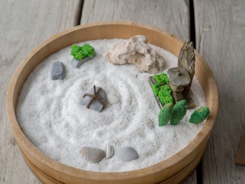 A Zen garden with white sand.