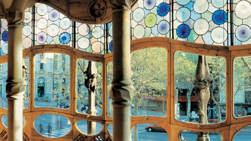 Stained glass curved windows in shades of blue