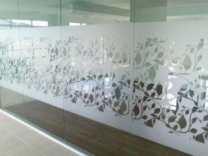 Etched glass door with vinyl decoration.