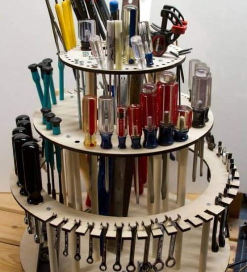 A circular organer full of household tools.
