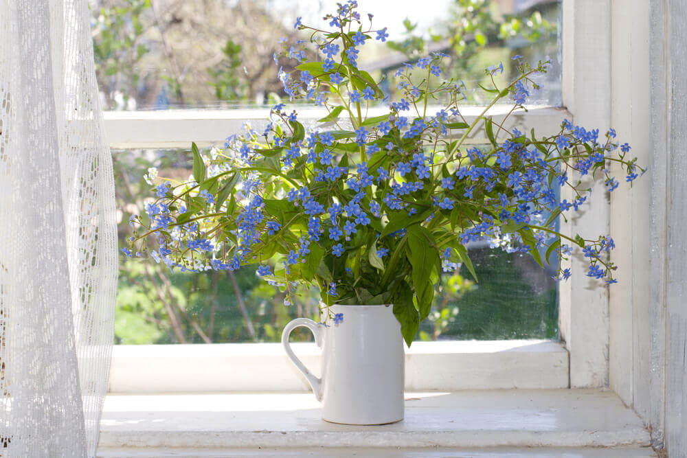 A window with white curtains and flowers.