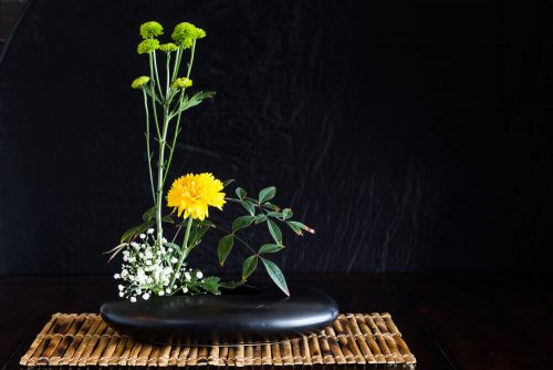 A Japanese flower arrangement in the 'moribana' style.