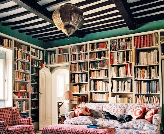 A library decorated in a bohemian style.