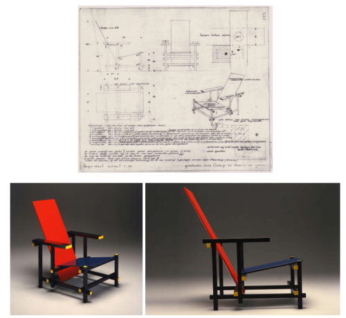Blueprint and two views of the chair