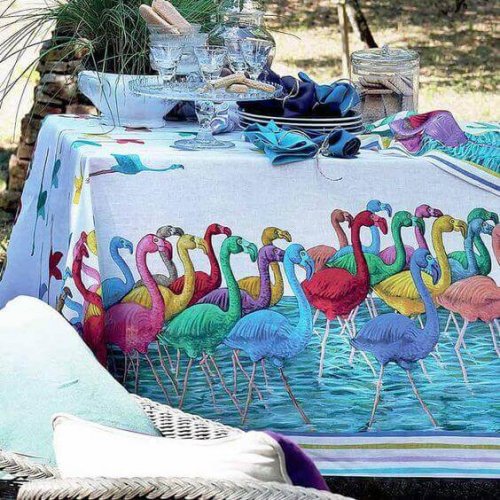 A festive tablecloth with flamingo motifs