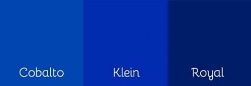 Three shades of blue, including Klein blue.