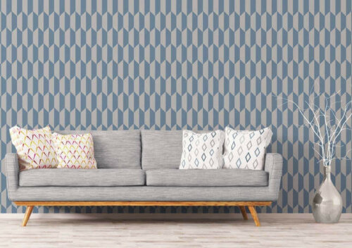 A living room with painted wallpaper.