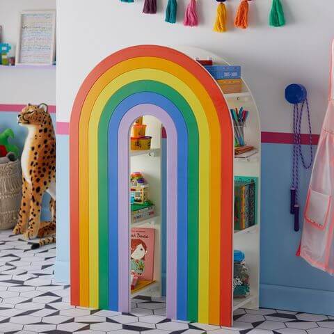 A rainbow bookcase.