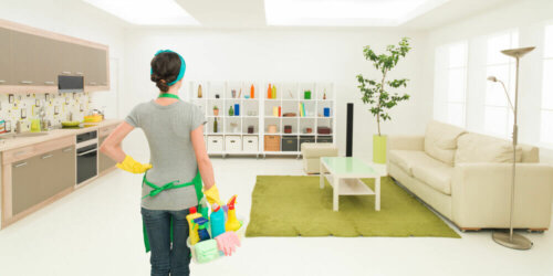 A woman about to clean a room.