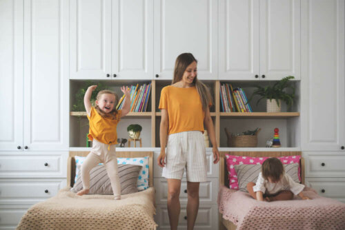 A woman with two children.