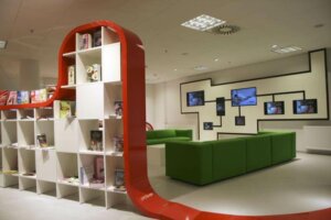 The rooms in Hjorring Library are connected by a red ribbon.