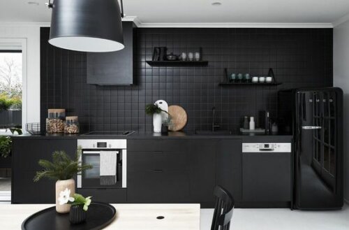 An all-black kitchen.