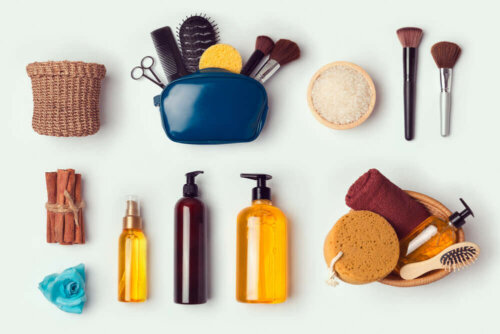 Bathroom objects laid out on a table.