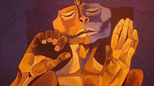 A painting of a face and hands.