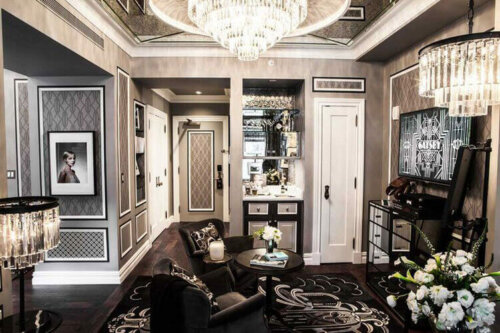 Art deco living room decorated in browns and tans