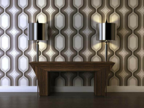 Bench with geometric patterned wallpaper in the background