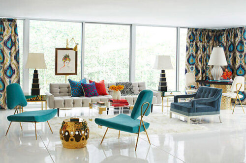 Living room with aqua and gray