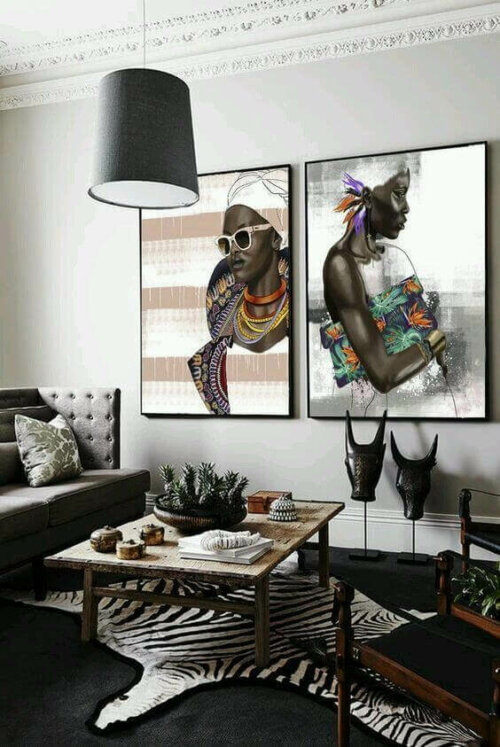 Ethnic paintings on a wall.