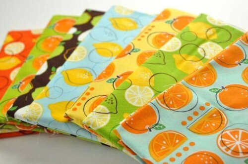 Tablecloths with fruit prints.