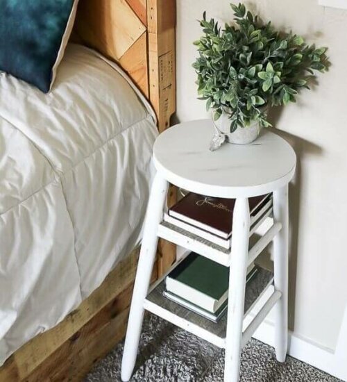 A stool used as a bedside table.
