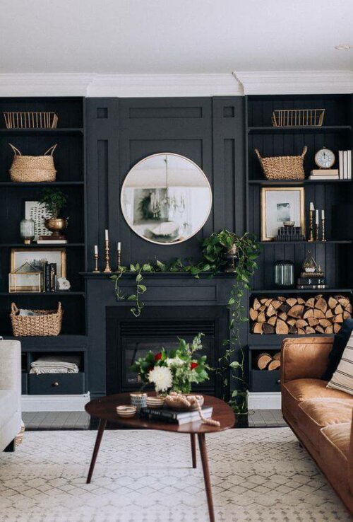 A black fireplace.
