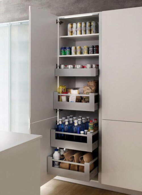A pantry with sliding shelves.
