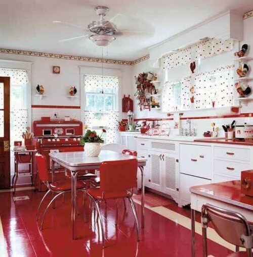 The application of the red color in a kitchen.