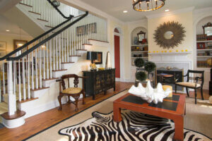 A rug with an animal print.