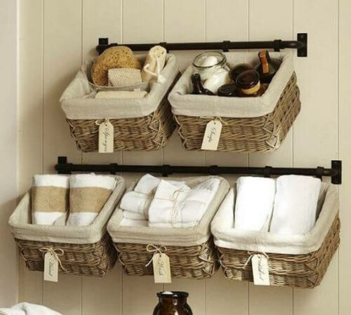 In-style storage: five wicker baskets storing bathroom essentials.