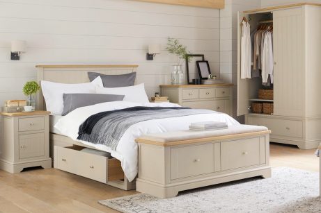 Using a chest at the foot of the bed to decorate a master bedroom with functional pieces of furniture