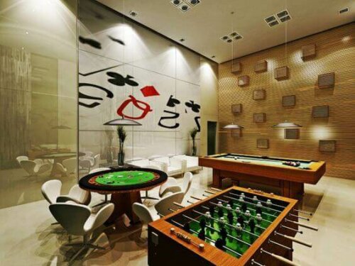 A basement game room.