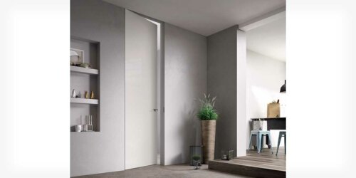 A gray wall and door.