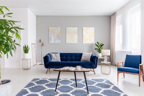 Navy blue sofa as the focal point of a white and gray living room