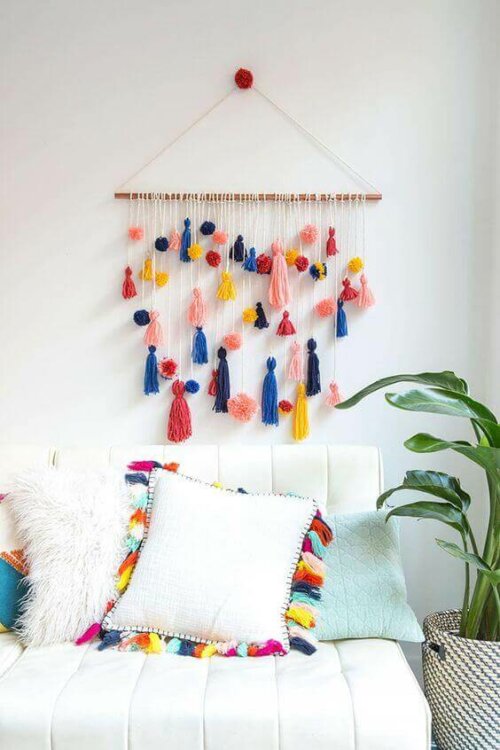 Some macrame wall hangings are colorful.