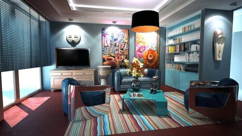 A colorful, modern living room.