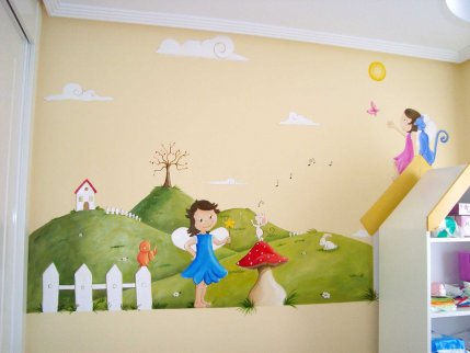A mural of two book characters painted on the wall of a children's library