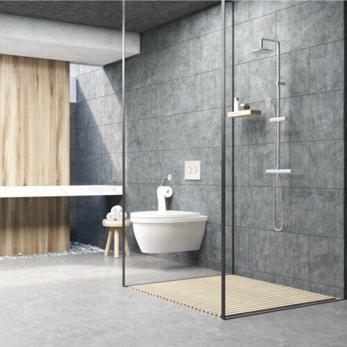 A modern, gray bathroom.
