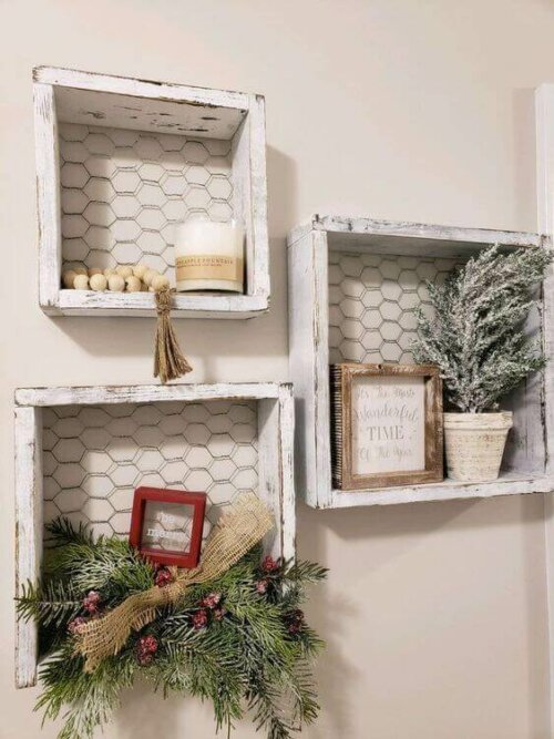 Shelves made with chicken wire.