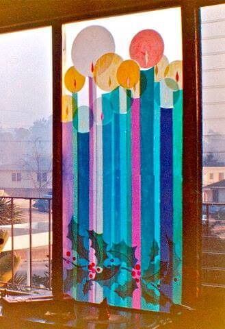 Colored paper shapes used as window decoration