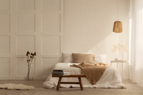 Zen style bedroom with minimal furniture.
