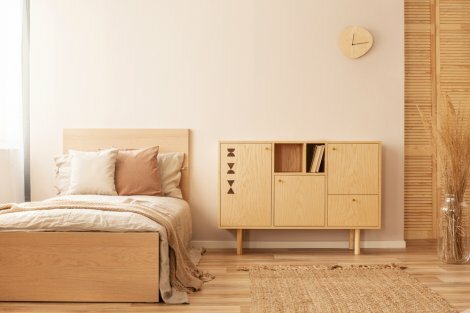 Simple Zen style bedroom with plain furniture.