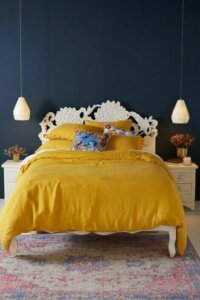 Blue and yellow bedroom decor.
