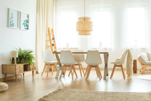 A white and tan dining room.