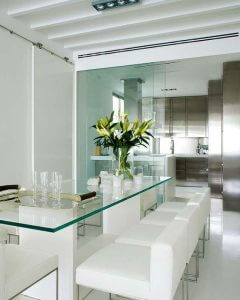 A glass dining room table.